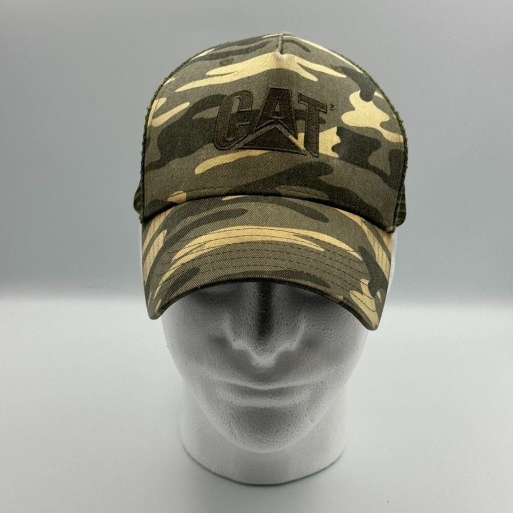CAT Caterpillar Mens Green Camo Mesh Back Trucker Hat Snapback Adjustable Cap